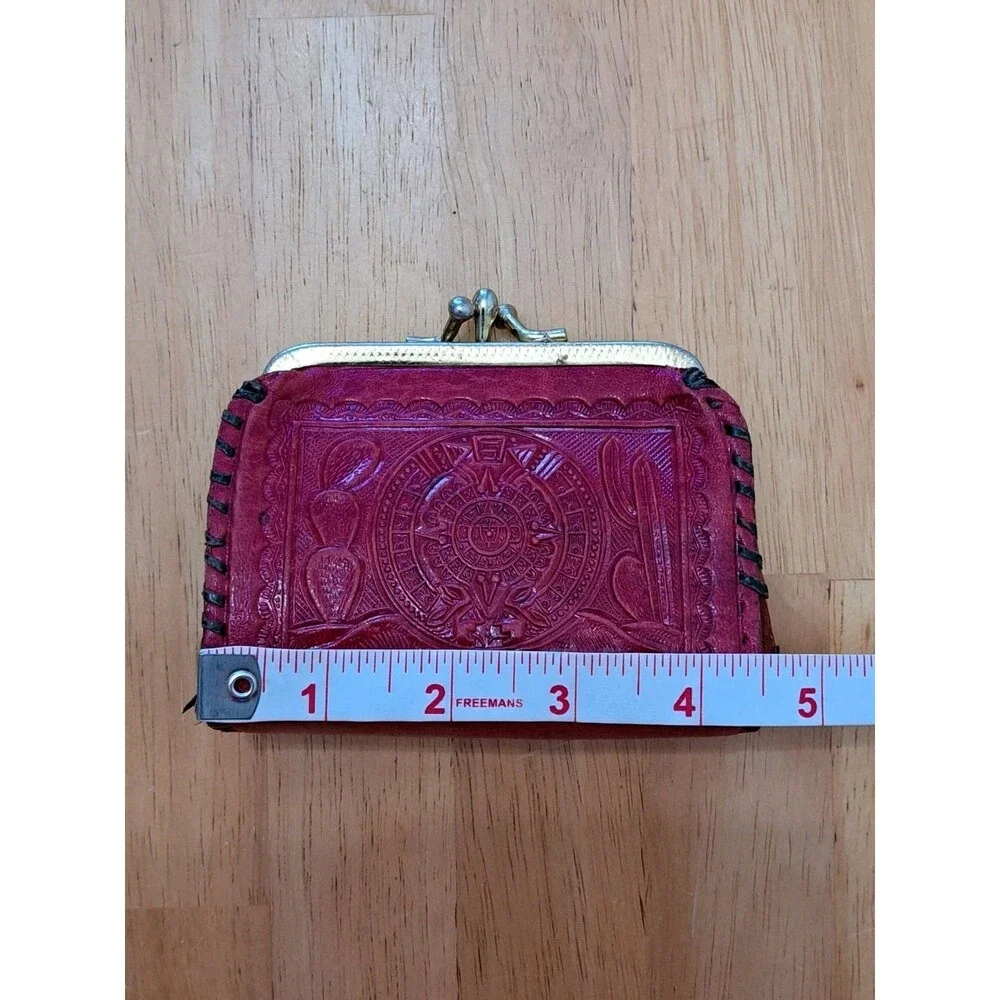 Vintage Red Tooled Leather Coin Purse Mexican Aztec Mayan Kiss Lock FLAWS